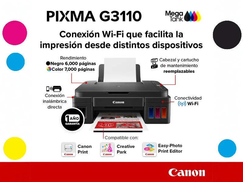 Multifuncional PIXMA G3110 de tinta continua alámbrico e inalámbrico a color