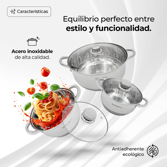 Set de 3 ollas con tapa Queen sense acero inoxidable