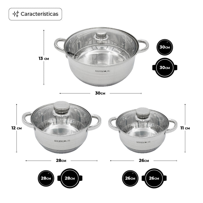 Set de 3 ollas con tapa Queen sense acero inoxidable